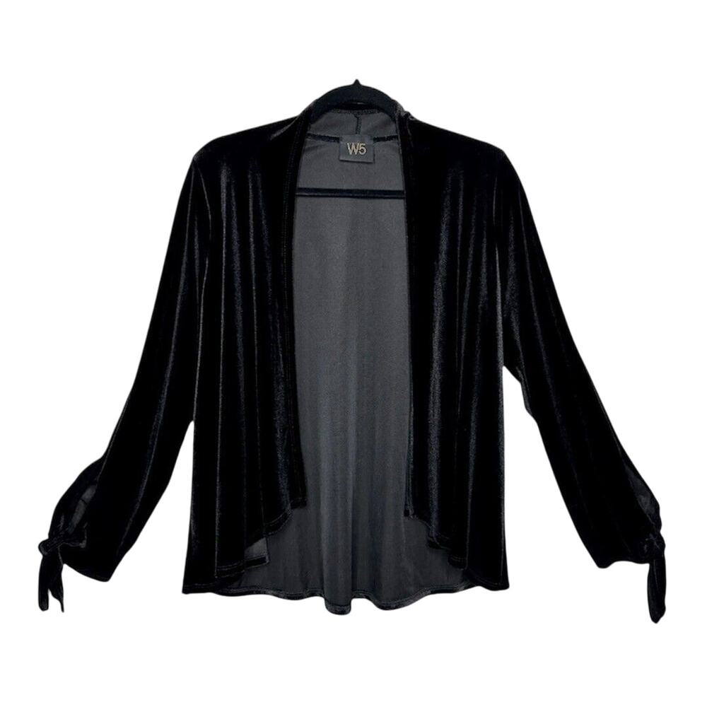Jet Black Velvet Velour Waterfall Open Front Cardigan Long Sleeve with Ties M